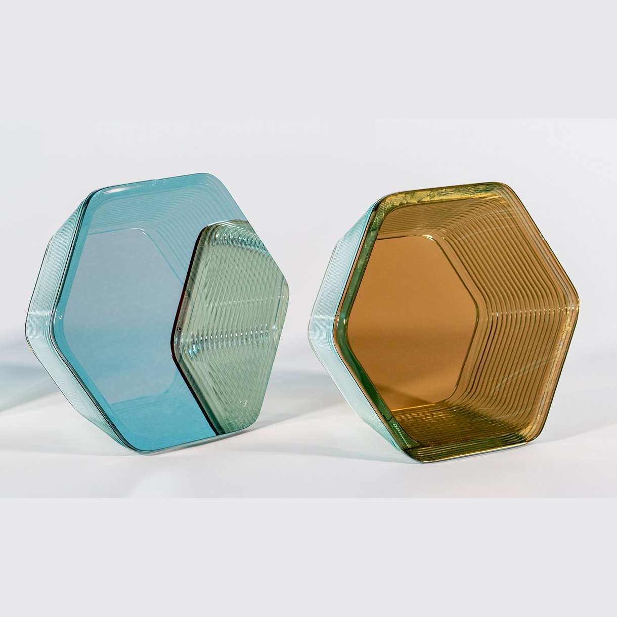 A hexagonal form printed in recycled glass onto a float sheet