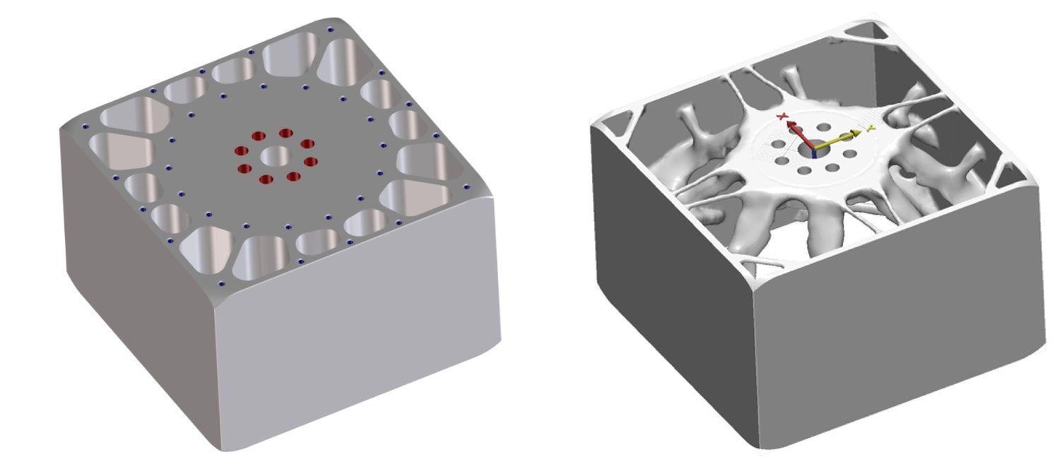 Solid mirror mount beside its topology-optimized, lightweighted version